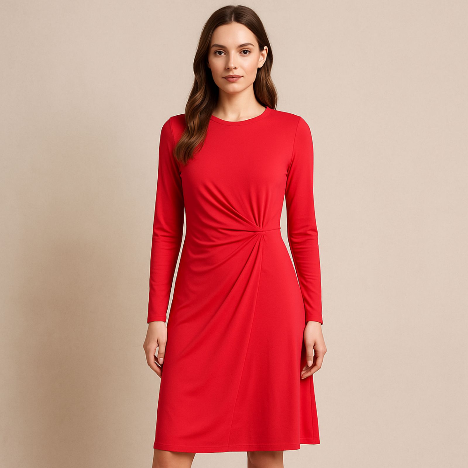 Bcbgmaxazria Red Long Sleeve Dress M Side Twist Gathered Front Stretch Knit